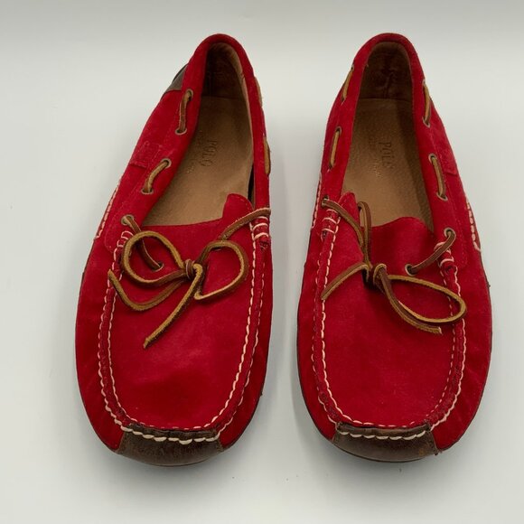Men's Polo Ralph Lauren Red Suede Leather Driving Mocs Shoes Size 12 D - Picture 1 of 9